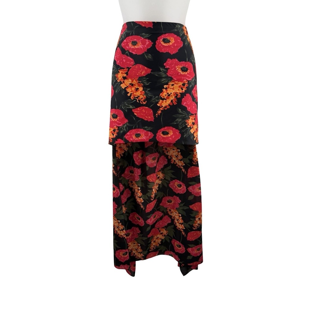 Van Leve Skirt Womens 2 Black Red Poppy Floral Maxi Layered Asymmetrical Spain